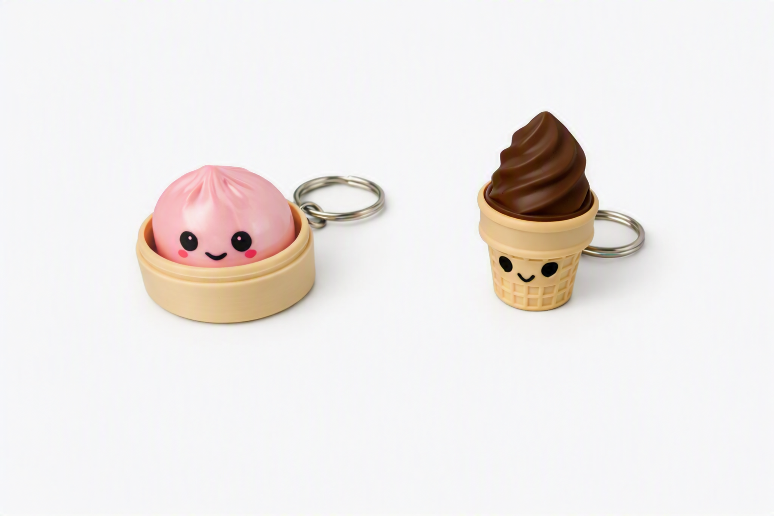 Pink dumpling and brown ice cream clicker keychains