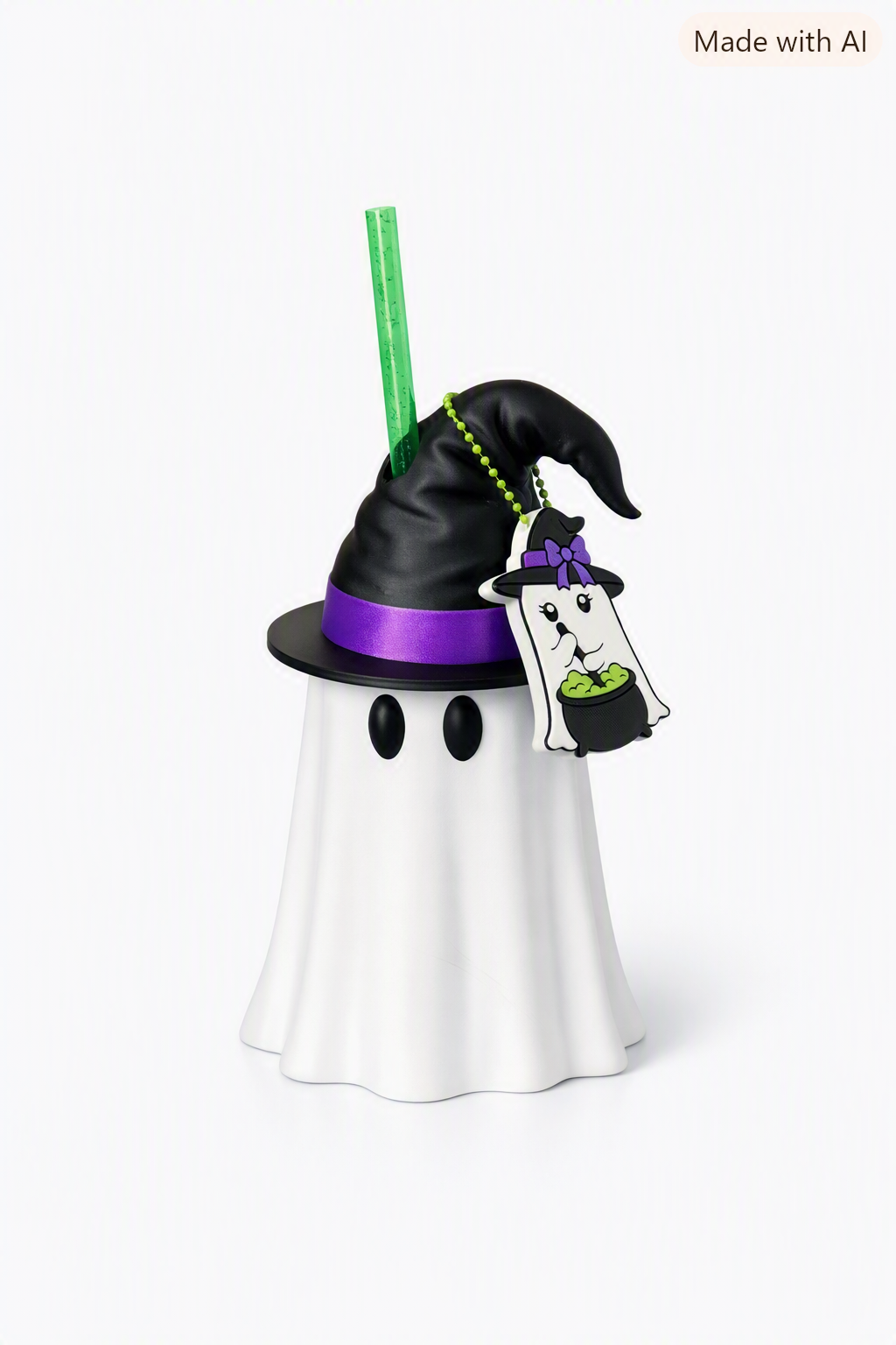 Ghost Witch Can Koozie with removable black witch-hat top and purple accent band